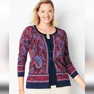 Talbots Womens Charming Cardigan Paisley Floral Whimsigoth Jewel Tone LP Large P